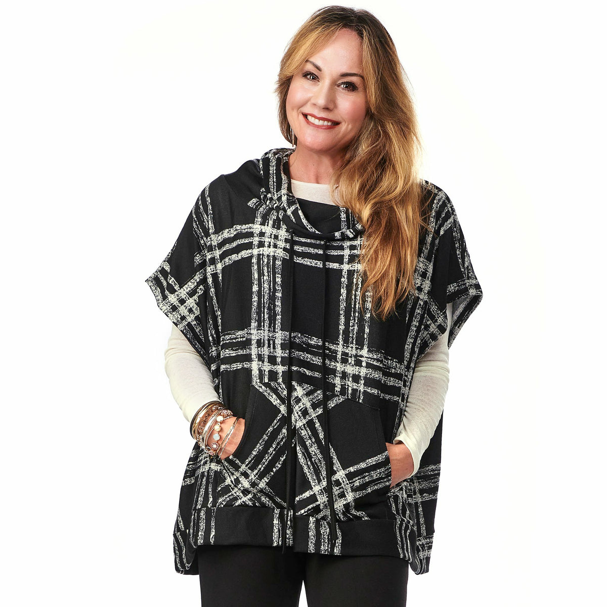 Knit Pocketed Drawstring Poncho