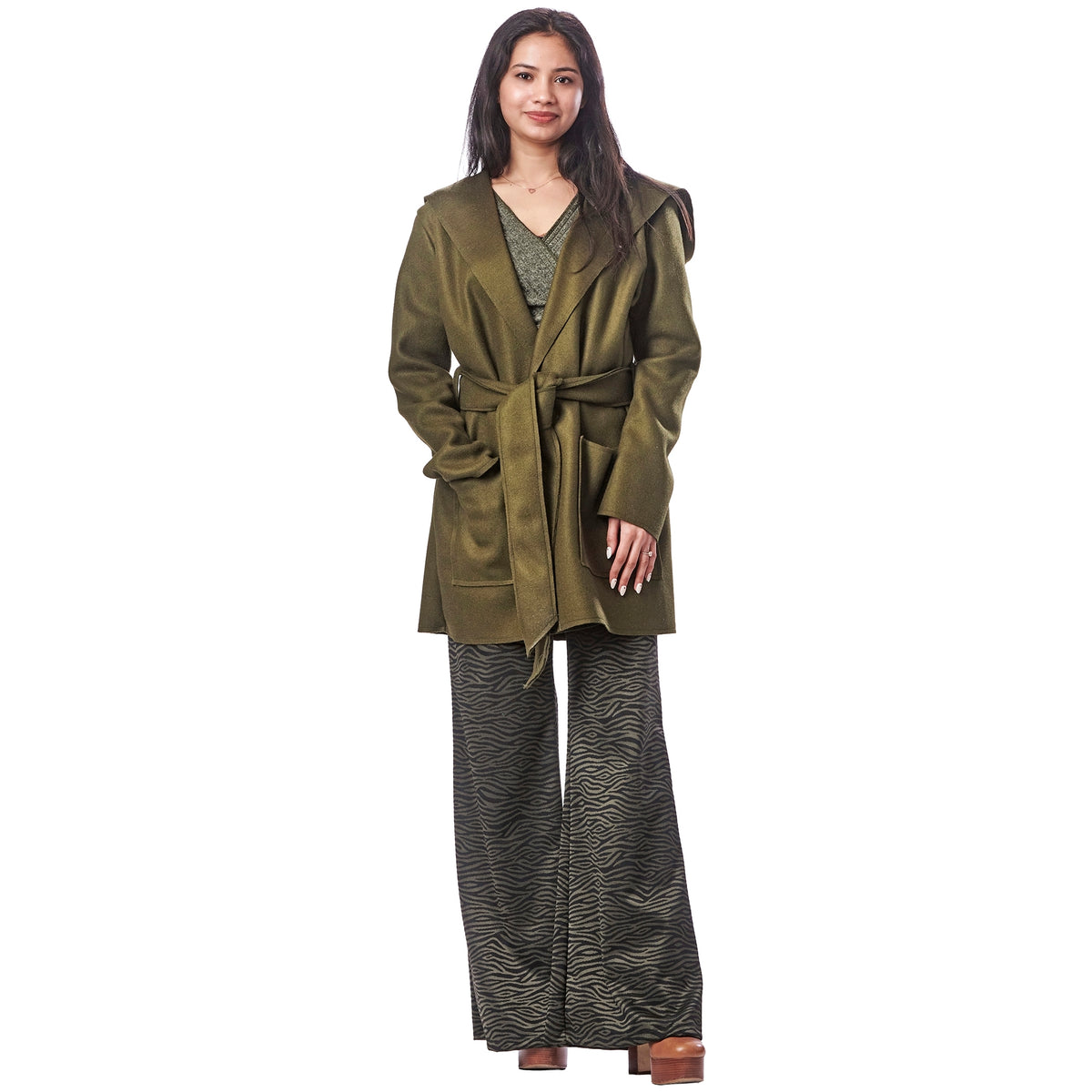 Wool Hooded Wrap Coat
