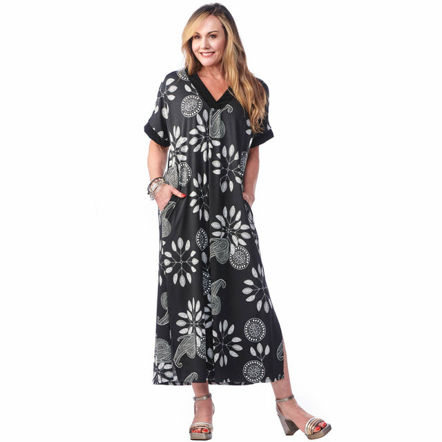 Pocketed Caftan Dress in black and white paisley, front view