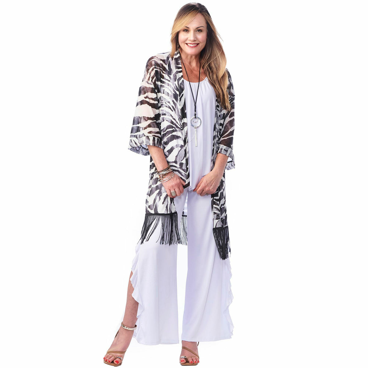 Short Print Fringe Kimono