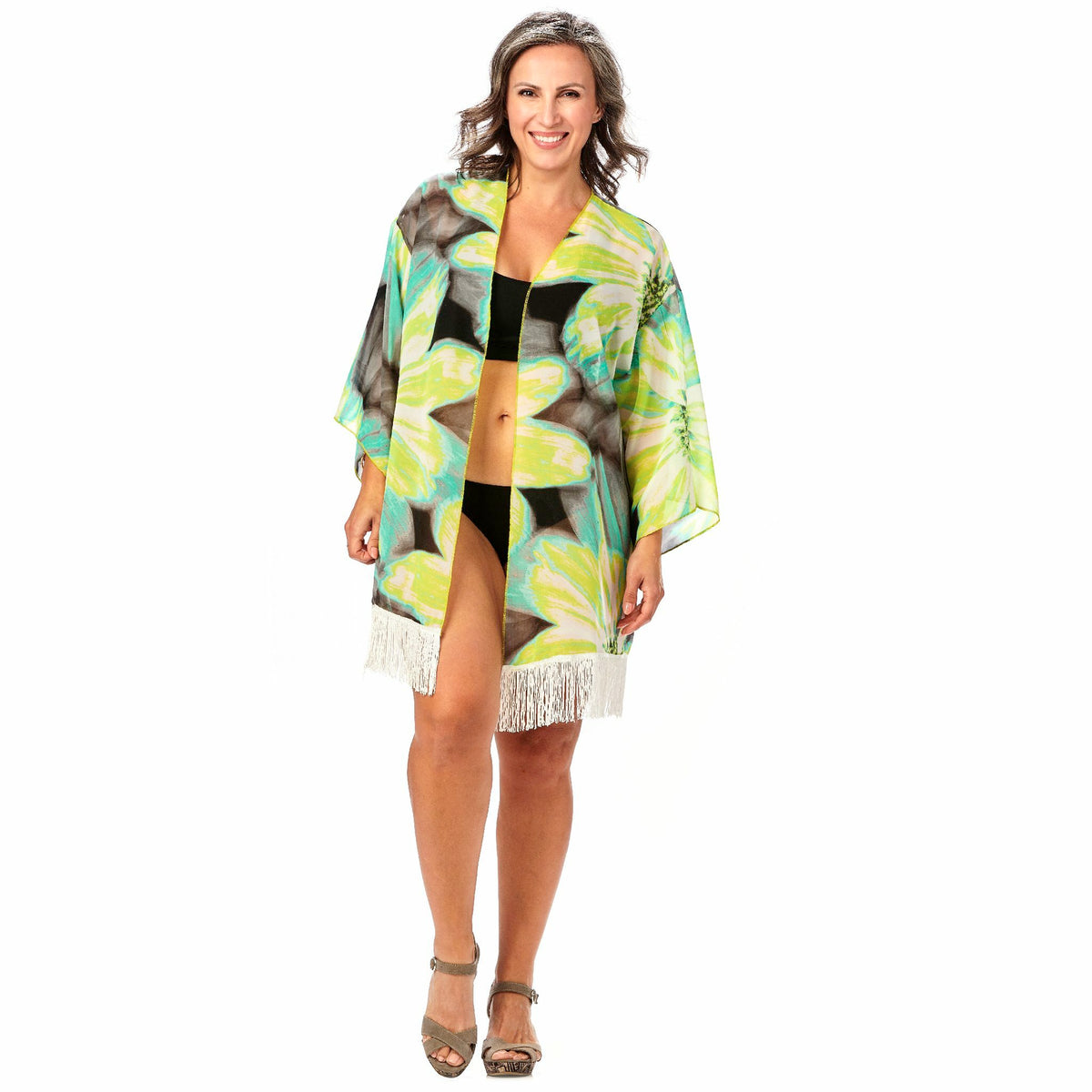 Short Print Fringe Kimono