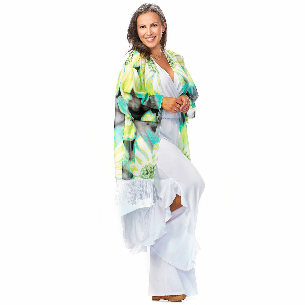 Short Print Fringe Kimono